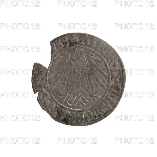 Maker: grosz; publisher: Schilling, Maciej; issuer: Decjusz, Jost Ludwik (fl. 1528–1535). Object: coin (grosz), 1540, Ducal Prussia (1525–1701), Königsberg. Material/measurements: diameter 23.7 mm, weight 1.30 g, axis 135°. Obverse: Prussian eagle; on its chest a crowned letter S; on rim between pearl borders an inscription beginning with a trefoil ALBER*D*G*MAR*BRAN*D. Reverse: male bust in armor, profile to right, short hair, beard with sideburns; trefoils; on rim between pearl borders the inscription VSTVS*EX*FIDE*VIVIT*I5. Iconography: Albrecht Hohenzollern (Prince of Prussia; 1490–1568) — eagles, Hohenzollern coat of arms; Lebki Wielkie treasure (numism).