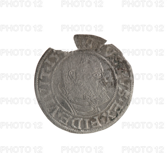 Albrecht Hohenzollern (Prince of Prussia; 1490–1568) — iconography: eagles, Hohenzollern coat of arms; male busts in armor; trefoils. Obverse: Prussian eagle with on its chest a crowned letter S; on the rim between pearl borders an inscription beginning with a trefoil ALBER*D*G*MAR*BRAN*D. Reverse: male bust in armor, profile to right, short hair, beard with sideburns; on the rim between pearl borders the inscription VSTVS*EX*FIDE*VIVIT*I5. Dated 1540. Ducal Prussia (1525–1701), Königsberg. Coin; diameter 23.7 mm, weight 1.30 g, axis 135°. Publisher: Grosz, Schilling, Maciej; maker: Decjusz, Jost Ludwik (fl. 1528–1535).