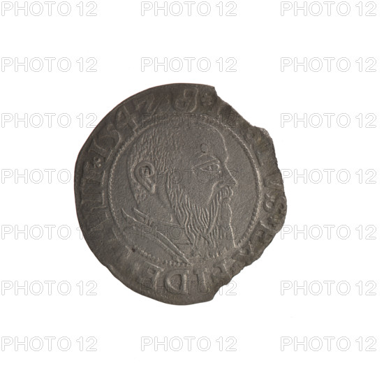 Albrecht Hohenzollern (Prince of Prussia; 1490–1568) grosz (groschen), 1542. Obverse: Prussian eagle with on its chest a crowned letter S; rim between pearl borders with inscription beginning with a trefoil, AR*BRAN*DV, VSS. Reverse: Male bust in armor in profile facing right, short hair, long beard with sideburns dividing the inner border; rim between pearl borders with inscription beginning with the Hohenzollern coat of arms, S*, *FIDE*VIVIT*I54Z*; date 1542. Iconography includes eagles, Hohenzollern coat of arms, trefoils, male busts in armor. Ducal Prussia (1525–1701), Königsberg. Coin: diameter 22.8 mm, weight 1.33 g, axis 220°.
