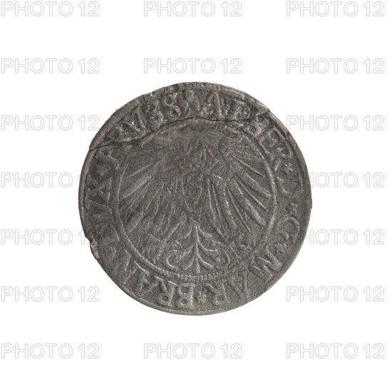 grosz; Schilling, Maciej, publisher; Decjusz, Jost Ludwik (fl. 1528–1535); poor (preservation condition). Obv.: Prussian eagle, on its chest a crowned letter S; on the rim between the pearl borders an inscription beginning with a trefoil ALBER*D*G*MAR*BRAN*DVX*PRVSS. Rev.: male bust in armor, profile to the right, short hair, long beard with sideburns; in the rim, between the pearly borders, an inscription beginning with the Hohenzollern coat of arms *IVSTVS*EX*FIDE*VIVIT* I54I*. 1541. Ducal Prussia (1525–1701), Königsberg. Coin; diameter 23.7 mm; weight 1.24 g; axis 0°.