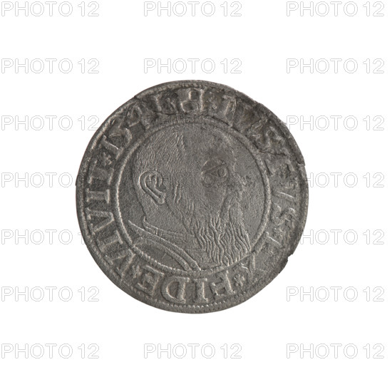 Schilling, Maciej; publisher Decjusz, Jost Ludwik (fl. 1528–1535). Poor preservation. Albrecht Hohenzollern (Prince of Prussia; 1490–1568) — iconography: eagles, trefoils, Hohenzollern coat of arms, male busts in armor. Lebki Wielkie hoard (numismatic find). Obverse: Prussian eagle with crowned letter S on its chest; on rim between pearl borders an inscription beginning with a trefoil ALBER*D*G*MAR*BRAN*DVX*PRVSS. Reverse: male bust in armor, profile to right, short hair, long beard with sideburns; in rim between pearly borders an inscription beginning with Hohenzollern coat of arms * IVSTVS * EX * FIDE * VIVIT * I54I *. Date: 1541. Duchy of Prussia (1525–1701), Königsberg. Coin: diameter 23.7 mm, weight 1.24 g, axis 0°.