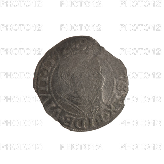 Albrecht Hohenzollern (Prince of Prussia; 1490–1568) — iconography: eagles, trefoils, Hohenzollern coat of arms, male busts in armor; Lebki Wielkie treasure (numism). Obverse: Prussian eagle, on its chest a crowned letter S; in the rim between the pearl borders an inscription beginning with a trefoil ALBER*D*, AR*BRAN*DVX*PRVSS. Reverse: male bust in armor in profile to the right, short hair, long beard with sideburns; in the rim between the pearl borders an inscription beginning with the Hohenzollern coat of arms, VS*EX*FIDE*VIVIT*I54Z*. 1542. Ducal Prussia (1525–1701), Königsberg. Coin: diameter 23.2 mm, weight 1.23 g, axis 200°.
