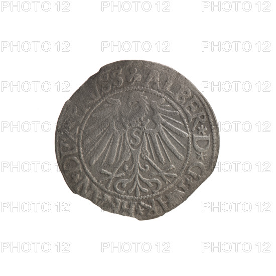 grosz; Schilling, Maciej, publisher; Decjusz, Jost Ludwik (fl. 1528–1535); R0 (rarity). Albrecht Hohenzollern (Prince of Prussia; 1490–1568) — iconography: eagles, Hohenzollern coat of arms, trefoils, male busts in armor. Aw. Prussian eagle, on its breast the crowned letter S. Along the rim, between the pearly borders, an inscription beginning with a trefoil, ER*D*G*, AR*B, AN*DVX*P, VSS RW. Male bust in armor, profile turned to the right, short hair, long pointed beard with sideburns dividing the inner border. Along the rim, between the pearly borders, an inscription beginning with the Hohenzollern coat of arms shield *IVSTVS*EX*FIDE*VIVIT*I545*. 1545, Königsberg, Ducal Prussia (1525–1701). Coin: dia. 23.6 mm; weight 1.47 g; axis 90°.