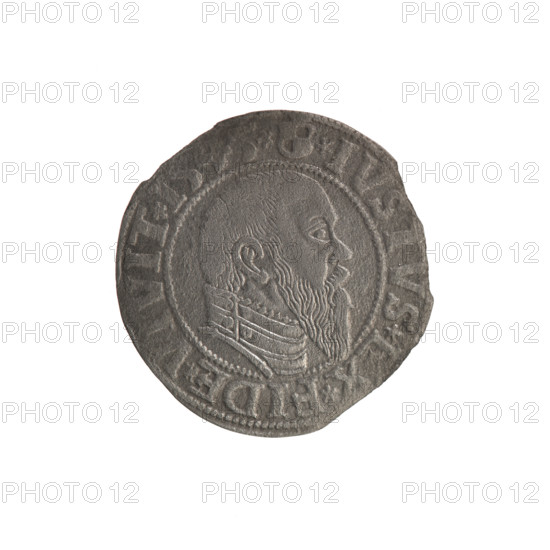 Grosz; Schilling, Maciej, publisher; Decjusz, Jost Ludwik (fl. 1528–1535). Rarity: R0. Albrecht Hohenzollern (Prince of Prussia; 1490–1568) — iconography: eagles, Hohenzollern coat of arms, trefoils, male busts in armor. Lebki Wielkie treasure (numismatic find). Obverse: Prussian eagle on its breast the crowned letter S; along the rim between pearly borders an inscription beginning with a trefoil: ER*D*G*, AR*B, AN*DVX*P, VSS RW. Reverse: male bust in armor, profile to the right, short hair, long pointed beard with sideburns dividing the inner border; along the rim between pearly borders an inscription beginning with the Hohenzollern shield: *IVSTVS*EX*FIDE*VIVIT* I545*. Date: 1545; place: Königsberg, Ducal Prussia (1525–1701). Coin: diameter 23.6 mm, weight 1.47 g, axis 90°.