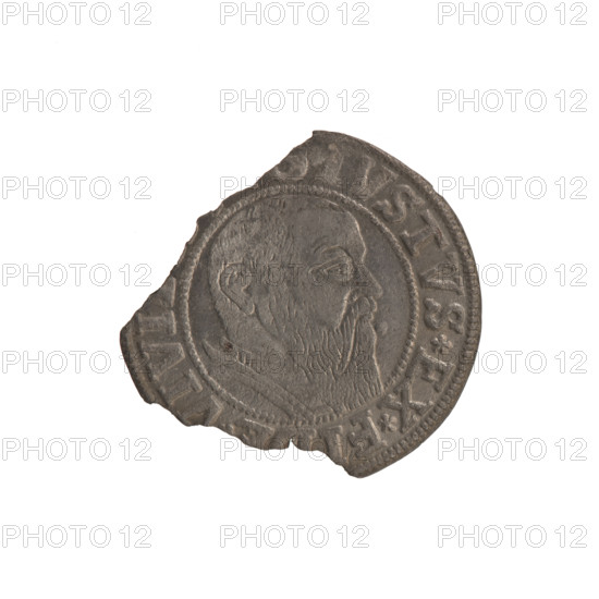 grosz, Albrecht Hohenzollern (Prince of Prussia; 1490–1568) — iconography: eagles, Hohenzollern coat of arms; Lebki Wielkie treasure (numism) — male busts in armor. Obverse: Prussian eagle, on its chest a crowned letter S; on the rim between the pearl borders an inscription *G*M, RAN*DVX*PRVSS. Reverse: male bust in armor in profile to the right, short hair, long beard with sideburns; in the rim between the pearl borders an inscription beginning with the Hohenzollern coat of arms *IVSTVS *EX *FI, VIVI. Date: 1541–1545, Königsberg, Ducal Prussia (1525–1701). Coin: diameter 23.9 mm, weight 0.98 g, axis 315°.