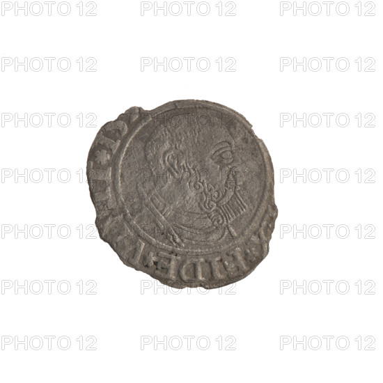 grosz; Straub (Strawb), Heinrich, publisher; Wille, Albrecht (fl. 1520-?), publisher; Decjusz, Jost Ludwik (fl. 1528-1535). Albrecht Hohenzollern (Prince of Prussia; 1490-1568) - iconography: eagles, Hohenzollern coat of arms; Lebki Wielkie hoard (numism). Obverse: male bust in armour, Aw. Prussian eagle, on its chest a crowned letter S; along the rim, between the pearl borders, inscription *G*MAR*BRAN*D. Reverse: male bust in armor, profile turned to the right, short hair, beard with sideburns; along the rim, between the pearl borders, inscription *FIDE*V, *I, 153. Königsberg, Ducal Prussia (1525-1701). Coin: diameter 19.0 mm and 21.4 mm, weight 0.92 g, axis 340°.