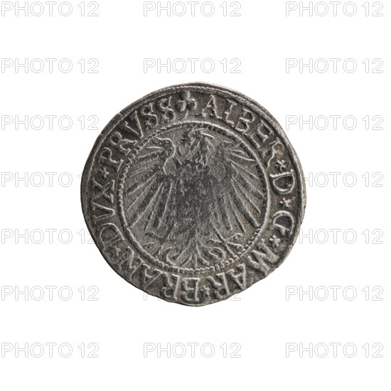grosz; Schilling, Maciej, publisher; Decjusz, Jost Ludwik (fl. 1528–1535); Albrecht Hohenzollern (Prince of Prussia; 1490–1568) — iconography: eagles, Hohenzollern coat of arms, male busts in armor. Obv.: Prussian eagle. On the rim between the pearl borders an inscription beginning with a trefoil: ALBER*D*G*MAR*BRAN*DVX*PRVSS. Rv.: Male bust in armor, profile turned to the right, short hair, beard with sideburns. On the rim, between the pearl borders, an inscription beginning with the Hohenzollern coat of arms: *IVSTVS*EX*FIDE*VIVIT*I540*. Date: 1540, Königsberg, Ducal Prussia (1525–1701). Coin: diameter 23.6 mm, weight 1.63 g, axis 315°.