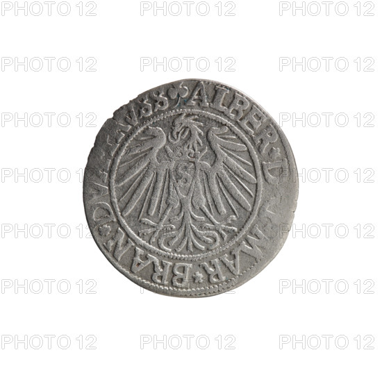 grosz; Schilling, Maciej, publisher; Decjusz, Jost Ludwik (fl. 1528–1535); Obv.: Prussian eagle; Hohenzollern (coat of arms); Albrecht Hohenzollern (Prince of Prussia; 1490–1568) — iconography; male busts in armor; inscription on rim between pearl borders beginning with a trefoil ALBER*D, MAR*BRAN*DV, VSS Rw.; male bust in armor, profile turned to the right, short hair, beard with sideburns; on rim between pearl borders an inscription beginning with the Hohenzollern coat of arms *IV, *EX*FIDE*VIVIT* I540*; date: 1540; place: Königsberg, Ducal Prussia (1525–1701); coin; diameter 23.6 mm; weight 1.79 g; axis 180 degrees.