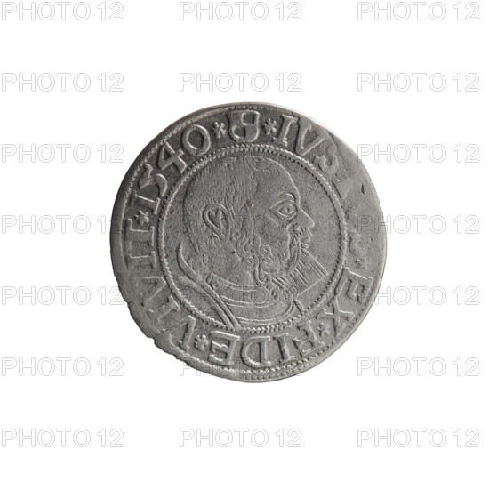 grosz; publisher: Maciej Schilling; maker: Jost Ludwik Decjusz (fl. 1528–1535). Obverse: Prussian eagle. Male bust in armor, profile to right, short hair, beard with sideburns. Rim between pearl borders with inscription beginning with a trefoil 'ALBER*D, MAR*BRAN*DV, VSS Rw.' Hohenzollern coat of arms; inscription on rim beginning with '*IV, *EX*FIDE*VIVIT*I540*'. Date: 1540, Königsberg, Ducal Prussia (1525–1701). Coin: grosz; diameter 23.6 mm; weight 1.79 g; axis 180°.