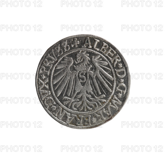 grosz, Vogelwaider (Vogelwaid), Eustachius, publisher, Decius, Jost Ludwik (fl. 1528-1535), Albrecht Hohenzollern (Prince of Prussia; 1490-1568) - iconography, eagles, Hohenzollern (coat of arms), male busts in armor, Obv. Prussian eagle, on its chest a crowned letter S. On the rim between the pearl borders an inscription beginning with a rosette ALBER*D*G*MAR*BRAN*DVX*PRVSS. Rw. Male bust in armor, profile turned to the right, short hair, beard with sideburns. On the rim, between the pearl borders, an inscription beginning with the Hohenzollern coat of arms: *IVSTVS*EX*FIDE*VIVIT*I540*. 1540, Königsberg, Ducal Prussia (1525-1701), coin: diameter 23.6 mm, weight 2.05 g, axis 90 degrees.