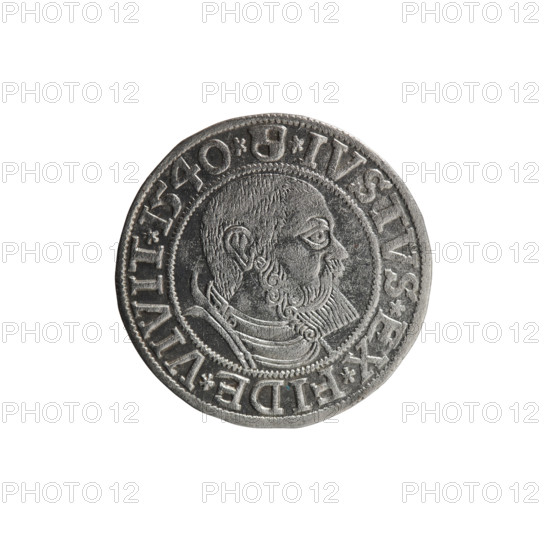 grosz; Vogelwaider (Vogelwaid), Eustachius, publisher; Decius, Jost Ludwik (fl. 1528-1535); Albrecht Hohenzollern (Prince of Prussia; 1490–1568) — iconography: eagles, Hohenzollern coat of arms; male busts in armor. Obv.: Prussian eagle, on its chest a crowned letter S; on the rim between the pearl borders an inscription beginning with a rosette ALBER*D*G*MAR*BRAN*DVX*PRVSS. Rev.: male bust in armor, profile turned to the right, short hair, beard with sideburns; on the rim between the pearl borders an inscription beginning with the Hohenzollern coat of arms: *IVSTVS*EX*FIDE*VIVIT*I540*. 1540, Königsberg, Ducal Prussia (1525–1701). Coin; diameter 23.6 mm; weight 2.05 g; axis 90°.