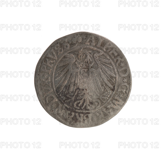 grosz; Schilling, Maciej, publisher; Decjusz, Jost Ludwik (fl. 1528–1535). Albrecht Hohenzollern (Prince of Prussia; 1490–1568) — iconography: eagles, Hohenzollern coat of arms; treasure from the village of Wsola (numism); trefoils; male busts in armor. Obv.: Prussian eagle; on its chest a crowned letter S. On the rim between the pearl borders an inscription beginning with a trefoil ALBER*D*G*MAR*BRAN*DVX*PRVSS. Rev.: Male bust in armor, profile turned right, short hair, beard with sideburns. On the rim between the pearl borders an inscription beginning with the Hohenzollern coat of arms *IVSTVS*EX*FIDE*VIVIT* I540*. Date: 1540. Place: Königsberg, Ducal Prussia (1525–1701). Coin: diameter 23.7 mm, weight 1.80 g, axis 60°.