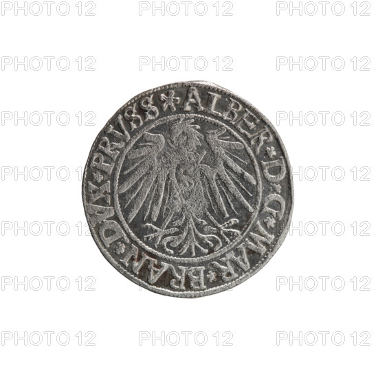 grosz, Vogelwaider (Vogelwaid), Eustachius, publisher, Decius, Jost Ludwik (fl. 1528-1535), Albrecht Hohenzollern (Prince of Prussia; 1490-1568) — iconography: eagles, male busts in armor, Hohenzollern (coat of arms). Obv.: Prussian eagle, on its chest a crowned letter S; on the rim between the pearl borders an inscription beginning with a rosette ALBER*D*G*MAR*BRAN*DVX*PRVSS. Rev.: Male bust in armor, profile turned to the right, short hair, beard with sideburns; on the rim, between the pearl borders, an inscription beginning with the Hohenzollern coat of arms: *IVSTVS*EX*FIDE*VIVIT*I540*. Date: 1540, Königsberg, Ducal Prussia (1525–1701). Object: coin (grosz), diameter 23.7 mm, weight 1.56 g, axis 135°.