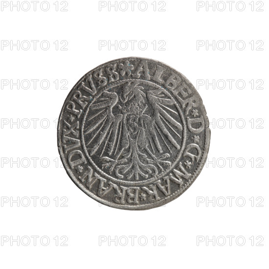 grosz; Vogelwaider (Vogelwaid) Eustachius, publisher; Decius, Jost Ludwik (fl. 1528–1535); Albrecht Hohenzollern (Prince of Prussia; 1490–1568). Iconography: eagles, Hohenzollern (coat of arms), male busts in armor. Obverse: Prussian eagle, on its chest a crowned letter S; on the rim between pearl borders an inscription beginning with a rosette ALBER*D*G*MAR*BRAN*DVX*PRVSS. Reverse: male bust in armor, profile turned right, short hair, beard with sideburns; on the rim between pearl borders an inscription beginning with the Hohenzollern coat of arms: *IVSTVS*EX*FIDE*VIVIT*I540*. Date/place: 1540, Königsberg, Ducal Prussia (1525–1701). Coin: diameter 23.5 mm, weight 1.96 g, axis 180°.