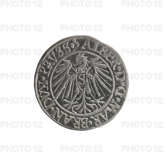 grosz; Schilling, Maciej, publisher; Decjusz, Jost Ludwik (fl. 1528–1535); eagles; Hohenzollern (coat of arms); male busts in armor; Albrecht Hohenzollern (Prince of Prussia; 1490–1568) — iconography. Obverse: Prussian eagle, on its chest a crowned letter S; on the rim between the pearl borders an inscription beginning with a trefoil ALBER*D*G*MAR*BRAN*DVX*PRVSS. Reverse: male bust in armor, profile turned to the right, short hair, beard with sideburns; on the rim between the pearl borders an inscription beginning with the Hohenzollern coat of arms: *IVSTVS*EX*FIDE*VIVIT*I540*. Date: 1540. Place: Königsberg, Ducal Prussia (1525–1701). Object: coin (grosz). Diameter: 23.6 mm. Weight: 1.94 g. Axis: 315°.