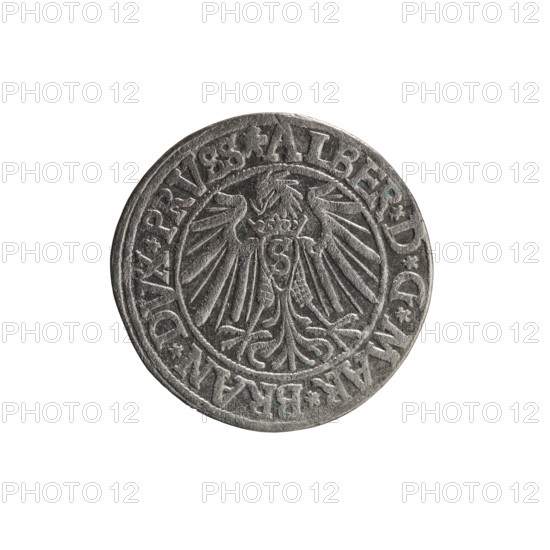 grosz; Vogelwaider (Vogelwaid), Eustachius, publisher; Decius, Jost Ludwik (fl. 1528-1535); Albrecht Hohenzollern (Prince of Prussia; 1490-1568) — iconography: eagles, male busts in armor, Hohenzollern coat of arms. Obv.: Prussian eagle, on its chest a crowned letter S; on the rim between the pearl borders an inscription beginning with a rosette ALBER*D*G*MAR*BRAN*DVX*PRVSS. Rev.: male bust in armor, profile turned to the right, short hair, beard with sideburns; on the rim between the pearl borders an inscription beginning with the Hohenzollern coat of arms *IVSTVS*EX*FIDE*VIVIT* I540*. 1540, Königsberg, Ducal Prussia (1525–1701). Coin: diameter 24.0 mm, weight 1.85 g, axis 350°.