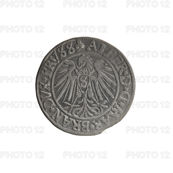 Publisher: Maciej Schilling; engraver: Jost Ludwik Decjusz (fl. 1528–1535). Subject: Albrecht Hohenzollern (Prince of Prussia; 1490–1568). Iconography: eagles, male busts in armor, Hohenzollern coat of arms. Obverse: Prussian eagle, on its chest a crowned letter S; on the rim between pearl borders an inscription beginning with a trefoil ALBER*D*G*MAR*BRAN*DVX*PRVSS. Reverse: male bust in armor, profile turned to the right, short hair, beard with sideburns; on the rim between pearly borders an inscription beginning with the Hohenzollern coat of arms: *IVSTVS*EX*FIDE*VIVIT*I540*. Date/place: 1540, Königsberg, Ducal Prussia (1525–1701). Object: coin; diameter 23.8 mm; weight 1.88 g; axis 90°.