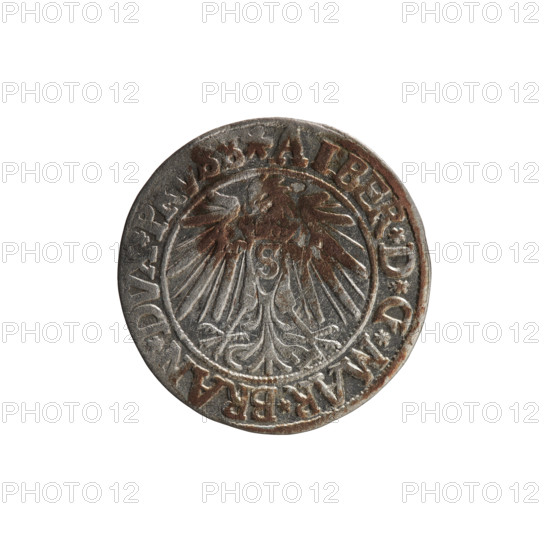 grosz, Decius, Jost Ludwik (fl. 1528-1535), Schilling, Maciej, publisher, Albrecht Hohenzollern (Prince of Prussia; 1490-1568) - iconography, eagles, Hohenzollern (coat of arms), male busts in armor, Obv. Prussian eagle, on its chest a crowned letter S. On the rim between the pearl borders an inscription beginning with a rosette ALBER*D*G*MAR*BRAN*DVX*PRVSS Rw. Male bust in armor, profile turned to the right, short hair, beard with sideburns. On the rim, between the pearl borders, an inscription beginning with the Hohenzollern coat of arms *IVSTVS*EX*FIDE*VIVIT* I540*, 1540, Königsberg, Ducal Prussia (1525-1701), coin: diameter 23.7 mm, weight 1.77 g, axis 170 degrees.