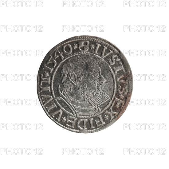 grosz, Schilling, Maciej, publisher, Decjusz, Jost Ludwik (fl. 1528-1535), eagles, Albrecht Hohenzollern (Prince of Prussia; 1490-1568) - iconography, Hohenzollern (coat of arms), male busts in armor, Obv. Prussian eagle, on its chest a crowned letter S. On the rim between the pearl borders an inscription beginning with a trefoil ALBER*D*G*MAR*BRAN*D, X*P, S Rw. Male bust in armor, profile turned to the right, short hair, beard with sideburns. On the rim, between the pearl borders, an inscription beginning with the Hohenzollern coat of arms *IVST, X*FIDE*VIVIT*I540*, 1540, Königsberg, Ducal Prussia (1525-1701), coin, diameter 23.8 mm, weight 2.00 g, axis 330 degrees.