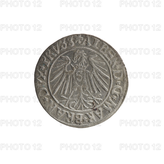 grosz; Vogelwaider (Vogelwaid), Eustachius, publisher; Decius, Jost Ludwik (fl. 1528–1535); 1540. Obverse: Prussian eagle, on its chest a crowned letter S; on the rim between pearl borders an inscription beginning with a rosette: ALBER*D*G*MAR*BRAN*DVX*PRVSS. Reverse: male bust in armor, profile turned to the right, short hair, beard with sideburns; on the rim between pearl borders an inscription beginning with the Hohenzollern coat of arms: *IVSTVS*EX*, IDE*VIVIT*I540*. Albrecht Hohenzollern (Prince of Prussia; 1490–1568) — iconography. Königsberg, Ducal Prussia (1525–1701). Coin; diameter 23.7 mm; weight 1.94 g; axis 135° .