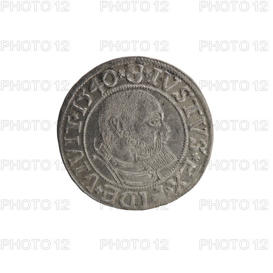 grosz; Vogelwaider (Vogelwaid), Eustachius, publisher; Decius, Jost Ludwik (fl. 1528–1535); eagles; Albrecht Hohenzollern (Prince of Prussia; 1490–1568) — iconography; male busts in armor; Hohenzollern (coat of arms). Obv.: Prussian eagle, on its chest a crowned letter S; on the rim between the pearl borders an inscription beginning with a rosette ALBER*D*G*MAR*BRAN*DVX*PRVSS. Rev.: male bust in armor, profile turned to the right, short hair, beard with sideburns; on the rim between the pearl borders an inscription beginning with the Hohenzollern coat of arms: *IVSTVS*EX*, IDE*VIVIT*I540*. Date: 1540, Königsberg, Ducal Prussia (1525–1701). Coin: diameter 23.7 mm, weight 1.94 g, axis 135°.