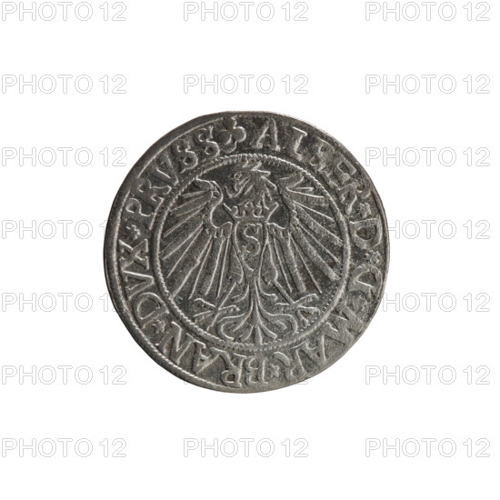 Grosz, Schilling, Maciej, publisher; Decjusz, Jost Ludwik (fl. 1528–1535). Coin (1540), Ducal Prussia (Königsberg). Obverse: Prussian eagle, on its chest a crowned letter S; on rim between pearl borders an inscription beginning with a trefoil ALBER*D*G*MAR*BRAN*DVX*PRVSS. Reverse: male bust in armor, profile right, short hair, beard with sideburns; on rim between pearl borders an inscription beginning with the Hohenzollern coat of arms: *IVSTVS*EX*FIDE*VIVIT*I540*. Hohenzollern (coat of arms). Diameter 23.5 mm; weight 1.99 g; axis 340°.