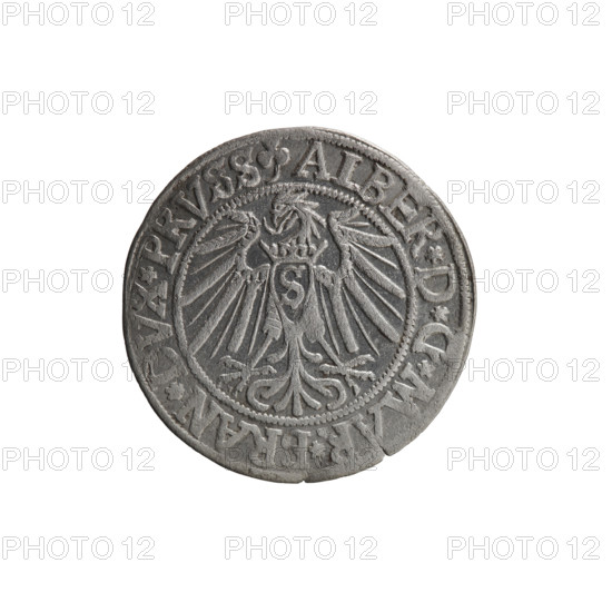 grosz; Schilling, Maciej, publisher; Decjusz, Jost Ludwik (fl. 1528-1535); eagles; Albrecht Hohenzollern (Prince of Prussia; 1490-1568) — iconography; male busts in armor; Hohenzollern (coat of arms). Obverse: Prussian eagle, on its chest a crowned letter S; on the rim between the pearl borders an inscription beginning with a trefoil ALBER*D*G*MAR*BRAN*DVX*PRVSS. Reverse: male bust in armor, profile turned to the right, short hair, beard with sideburns; on the rim between the pearl borders an inscription beginning with the Hohenzollern coat of arms: *IVSTVS*EX*FIDE*VIVIT*I540*. Date: 1540. Place: Königsberg, Ducal Prussia (1525–1701). Object: coin (grosz). Diameter: 23.9 mm. Weight: 1.84 g. Axis: 120 degrees.