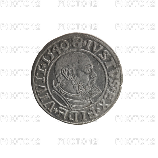 grosz, Schilling, Maciej, publisher, Decjusz, Jost Ludwik (fl. 1528-1535); eagles; Albrecht Hohenzollern (Prince of Prussia; 1490–1568) — iconography; male busts in armor; Hohenzollern (coat of arms). Obverse: Prussian eagle, on its chest a crowned letter S. On the rim between the pearl borders an inscription beginning with a trefoil ALBER*D*G*MAR*BRAN*DVX*PRVSS. Reverse: male bust in armor, profile turned to the right, short hair, beard with sideburns. On the rim, between the pearl borders, an inscription beginning with the Hohenzollern coat of arms: *IVSTVS*EX*FIDE*VIVIT*I540*. Date: 1540. Place: Königsberg, Ducal Prussia (1525–1701). Object: coin (grosz/schilling); diameter 23.9 mm; weight 1.84 g; axis 120 degrees.