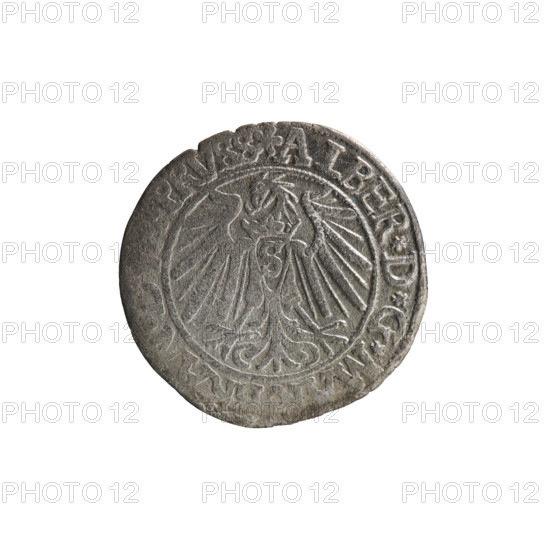 grosz; Vogelwaider (Vogelwaid), Eustachius, publisher; Decius, Jost Ludwik (fl. 1528-1535); Albrecht Hohenzollern (Prince of Prussia; 1490-1568) — iconography: eagles, male busts in armor, Hohenzollern (coat of arms). Obv.: Prussian eagle, on its chest a crowned letter S; on the rim between the pearl borders an inscription beginning with a rosette ALBER*D*G*M. Rev.: Male bust in armor, profile turned to the right, short hair, beard with sideburns; on the rim between the pearl borders an inscription beginning with the Hohenzollern coat of arms *IVSTVS*EX*. 40*, 1540, Königsberg, Ducal Prussia (1525–1701). Coin: diameter 23.2 mm, weight 1.60 g, axis 225°.