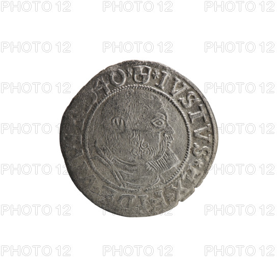 grosz, Vogelwaider (Vogelwaid), Eustachius, publisher, Decius, Jost Ludwik (fl. 1528-1535), Albrecht Hohenzollern (Prince of Prussia; 1490-1568) - iconography, eagles, male busts in armor, Hohenzollern (coat of arms). Obv. Prussian eagle, on its chest a crowned letter S. On the rim between the pearl borders an inscription beginning with a rosette ALBER*D*G*M. Rev. Male bust in armor, profile turned to the right, short hair, beard with sideburns. On the rim, between the pearl borders, an inscription beginning with the Hohenzollern coat of arms *IVSTVS*EX*. 40*, 1540, Königsberg, Ducal Prussia (1525-1701), coin; diameter 23.2 mm; weight 1.60 g; axis 225 degrees.