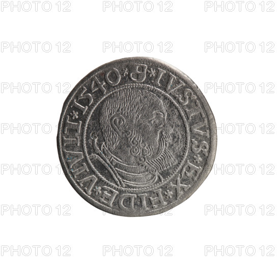 Grosz; Vogelwaider (Vogelwaid), Eustachius, publisher; Decius, Jost Ludwik (fl. 1528–1535). Coin, 1540, Königsberg, Ducal Prussia (1525–1701). Obverse: Prussian eagle, on its chest a crowned letter S; on the rim between pearl borders an inscription beginning with a rosette ALBER*D*G*MAR*BRAN*DVX*PRVSS. Reverse: male bust in armor, profile turned to the right, short hair, beard with sideburns; on the rim between pearl borders an inscription beginning with the Hohenzollern coat of arms: *IVSTVS*EX*FIDE*VIVIT*I540*. Hohenzollern coat of arms; iconography: eagles, Hohenzollern (coat of arms), male busts in armor. Coin: diameter 23.7 mm, weight 1.87 g, axis 230°.