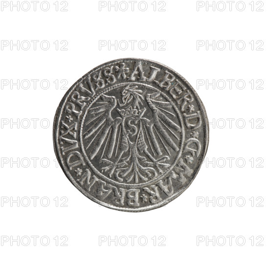 grosz; Vogelwaider (Vogelwaid), Eustachius, publisher; Decius, Jost Ludwik (fl. 1528–1535); Albrecht Hohenzollern (Prince of Prussia; 1490–1568). Coin (grosz), 1540, Königsberg, Ducal Prussia (1525–1701). Obverse: Prussian eagle, on its chest a crowned letter S; on the rim between pearl borders an inscription beginning with a rosette: ALBER*D*G*MAR*BRAN*DVX*PRVSS. Reverse: male bust in armor, profile turned to the right, short hair, beard with sideburns; on the rim between pearl borders an inscription beginning with the Hohenzollern coat of arms: *IVSTVS*EX*FIDE*VIVIT*I540*. Diameter 23.8 mm; weight 1.89 g; axis 260°.