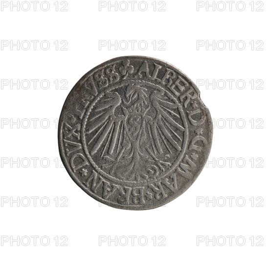 Publisher: Schilling, Maciej; Decjusz, Jost Ludwik (fl. 1528–1535); Szymonski, Jan (1887–1954). Iconography: Albrecht Hohenzollern (Prince of Prussia; 1490–1568). Motifs: eagles, Hohenzollern coat of arms, male busts in armour. Obverse: Prussian eagle with on its breast a crowned letter S; along the rim, between pearly borders, an inscription beginning with a trefoil ALBER*D*G*MAR*BRAN*DVX*. Reverse: male bust in armor, profile turned to the right, short hair, beard with sideburns; along the rim, between pearly borders, an inscription beginning with the Hohenzollern coat of arms *IVSTVS*EX*FIDE*VIVIT*I540*. Date: 1540. Place: Königsberg, Ducal Prussia (1525–1701). Object: coin. Measurements: diameter 23.8 mm, weight 1.86 g, axis 170°.