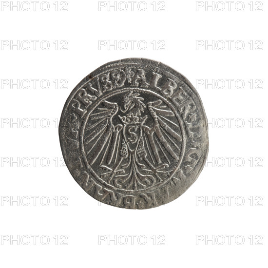 grosz; Vogelwaider (Vogelwaid), Eustachius, publisher; Decius, Jost Ludwik (fl. 1528-1535); Albrecht Hohenzollern (Prince of Prussia; 1490-1568) — iconography: eagles, Hohenzollern (coat of arms), male busts in armor. Obverse: Prussian eagle, on its chest a crowned letter S; on the rim between the pearl borders an inscription beginning with a rosette ALBER*D*G*MAR*BRAN*, PRVSS Rw. Reverse: male bust in armor, profile turned to the right, short hair, beard with sideburns; on the rim, between the pearly borders, an inscription beginning with the Hohenzollern coat of arms: *IVSTVS*EX*FIDE*VIVIT*I540*. Date: 1540, Königsberg, Ducal Prussia (1525–1701). Coin — diameter 23.3 mm, weight 2.20 g, axis 45°.