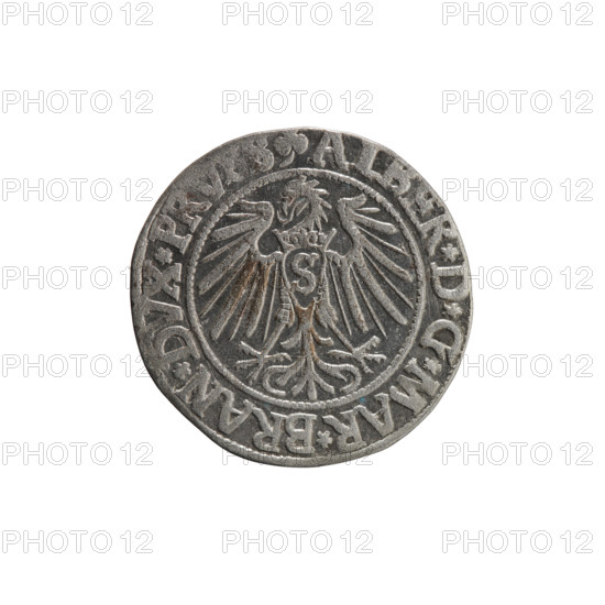 grosz, Schilling, Maciej, R0 (rarity), Albrecht Hohenzollern (Prince of Prussia; 1490–1568) — iconography: eagles, Hohenzollern coat of arms, male busts in armor. Obverse: Prussian eagle, on its chest a crowned letter S; in the rim between pearl borders an inscription beginning with a trefoil ALBER*D*G*MAR*BRAN*DVX*PR. Reverse: male bust in armor, profile turned to the right, short hair, long beard with sideburns separating the inner border; on the rim between the pearl borders an inscription beginning with the Hohenzollern coat of arms*IVS, S*EX*FIDE*VIVIT*I54I*. Date: 1541, place: Königsberg, Ducal Prussia (1525–1701). Coin: diameter 23.4 mm, weight 1.93 g, axis 315°.