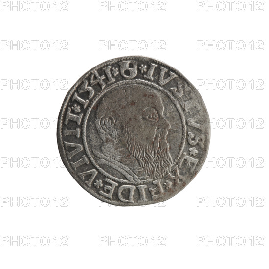 Grosz; Schilling, Maciej; R0 (rarity). Albrecht Hohenzollern (Prince of Prussia; 1490–1568). Obverse: Prussian eagle, on its chest a crowned letter S; in the rim between the pearl borders an inscription beginning with a trefoil ALBER*D*G*MAR*BRAN*DVX*PR. Reverse: male bust in armor, profile turned to the right, short hair, long beard with sideburns separating the inner border; on the rim between the pearl borders an inscription beginning with the Hohenzollern coat of arms *IVS, S*EX*FIDE*VIVIT* I54I*. Date: 1541, Königsberg, Ducal Prussia (1525–1701). Coin: diameter 23.4 mm, weight 1.93 g, axis 315°.
