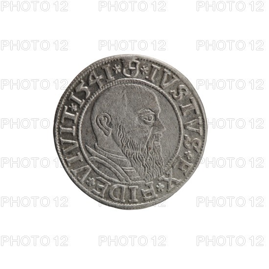 grosz, Schilling, Maciej, R0 (rarity), Albrecht Hohenzollern (Prince of Prussia; 1490–1568) — iconography: eagles, Hohenzollern (coat of arms), male busts in armor. Obv.: Prussian eagle, on its chest the crowned letter S; in the rim, between the pearl-shaped borders, an inscription beginning with a trefoil ALBER*D*G*MAR*BRAN*DVX*PRVSS. Rev.: Male bust in armor in profile turned to the right; short hair, long beard with sideburns, dividing the inner border; in the rim, between the pearl-shaped borders, an inscription beginning with the Hohenzollern shield *IVSTVS*EX*FIDE*VIVIT*I54I*. 1541, Königsberg, Ducal Prussia (1525–1701). Coin: diameter 23.7 mm, weight 1.86 g, axis 90 degrees.