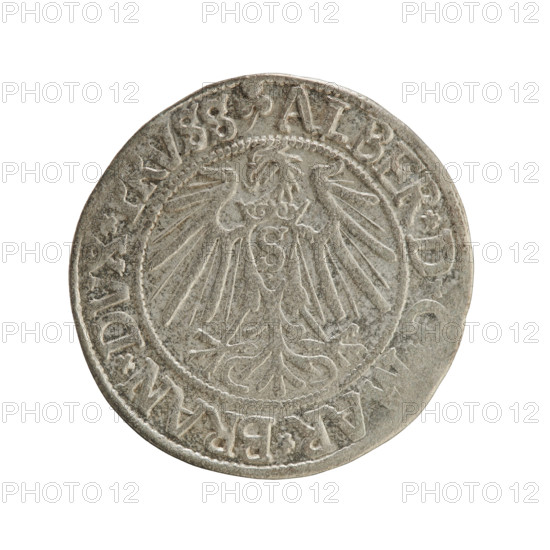 grosz, Schilling, Maciej, R0 (rarity), Albrecht Hohenzollern (Prince of Prussia; 1490–1568) – iconography, eagles, Hohenzollern (coat of arms), male busts in armor. Obverse: Prussian eagle, on its chest the crowned letter S; in the rim between pearl-shaped borders an inscription beginning with a trefoil ALBER*D*, AR*BRAN*DVX*PRVSS. Reverse: male bust in armor in profile turned to the right; short hair, long beard with sideburns, dividing the inner border; in the rim between pearl-shaped borders an inscription beginning with the Hohenzollern shield *IVSTVS*EX*FID, IVIT*I54I*. 1541, Königsberg, Ducal Prussia (1525–1701). Coin: diameter 24.0 mm, weight 1.92 g, axis 20°.