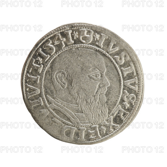 Albrecht Hohenzollern (Prince of Prussia; 1490–1568) — coin, 1541, Königsberg, Ducal Prussia (1525–1701). Obverse: Prussian eagle, on its chest the crowned letter S; rim inscription beginning with a trefoil ALBER*D*, AR*BRAN*DVX*PRVSS; pearl-shaped border. Reverse: male bust in armor in profile right, short hair, long beard with sideburns; inner border divided by the Hohenzollern shield and rim inscription beginning *IVSTVS*EX*FID, IVIT*I54I*; diameter 24.0 mm, weight 1.92 g, axis 20°. Style/subjects: eagles, Hohenzollern coat of arms, male busts in armor. Maker: grosz, Schilling, Maciej, R0 (rarity).