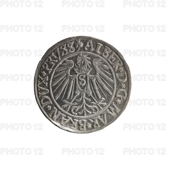 grosz, Schilling, Maciej, R0 (rarity), Albrecht Hohenzollern (Prince of Prussia; 1490–1568) — iconography: Hohenzollern coat of arms, eagles, male busts in armour. Obverse: Prussian eagle with crowned letter S on its chest; rim between pearl-shaped borders with inscription beginning with a trefoil ALBER*D*G*MAR*BRAN*DVX*PRVSS. Reverse: male bust in armour in profile turned to the right; short hair, long beard with sideburns, inner border divided; rim between pearl-shaped borders with inscription beginning with the Hohenzollern shield *IVSTVS*EX*FIDE*VIVIT*I54I*; dated 1541, Königsberg, Ducal Prussia (1525–1701). Coin: diameter 23.9 mm, weight 2.04 g, axis 80°.