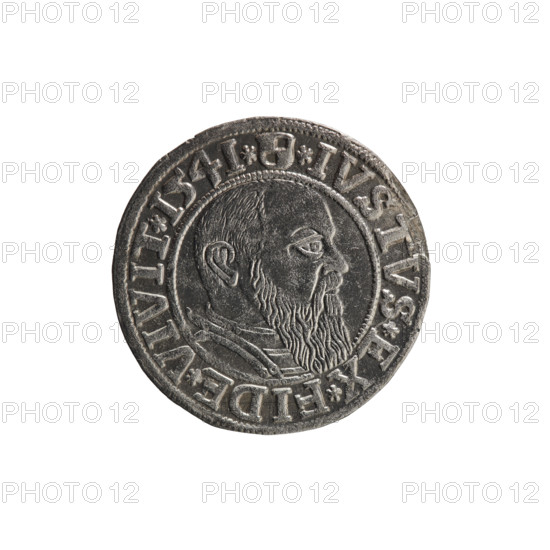 grosz, Schilling, Maciej, R0 (rarity), Albrecht Hohenzollern (Prince of Prussia; 1490–1568) — iconography: Hohenzollern (coat of arms), eagles, male busts in armour. Obverse: Prussian eagle, on its chest the crowned letter S; in the rim, between the pearl-shaped borders, an inscription beginning with a trefoil ALBER*D*G*MAR*BRAN*DVX*PRVSS. Reverse: male bust in armour in profile turned to the right; short hair, long beard with sideburns, dividing the inner border; in the rim, between the pearl-shaped borders, an inscription beginning with the Hohenzollern shield *IVSTVS*EX*FIDE*VIVIT*I54I*. 1541, Königsberg, Ducal Prussia (1525–1701). Coin: diameter 23.9 mm, weight 2.04 g, axis 80°.