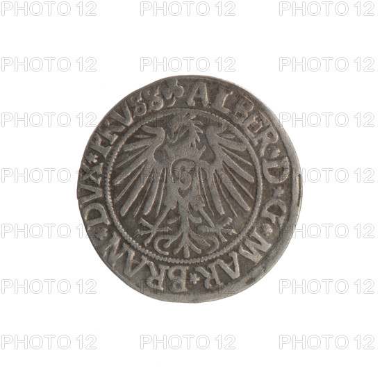 Grosz; Schilling; Maciej; R0 (rarity). Eagles, trefoils; hoard from the village of Wsola. Albrecht Hohenzollern (Prince of Prussia; 1490–1568) — iconography; Hohenzollern coat of arms; male busts in armor. Obverse: Prussian eagle, on its chest the crowned letter S; in the rim between pearl-shaped borders an inscription beginning with a trefoil: ALBER*D*G*MAR*BRAN*DVX*PRVSS. Reverse: male bust in armor in profile to the right; short hair, long beard with sideburns, dividing the inner border; in the rim between pearl-shaped borders an inscription beginning with the Hohenzollern shield: *IVSTVS*EX*FIDE*VIVIT*I54I*. 1541, Königsberg, Ducal Prussia (1525–1701). Coin: diameter 23.8 mm, weight 1.80 g, axis 160°.