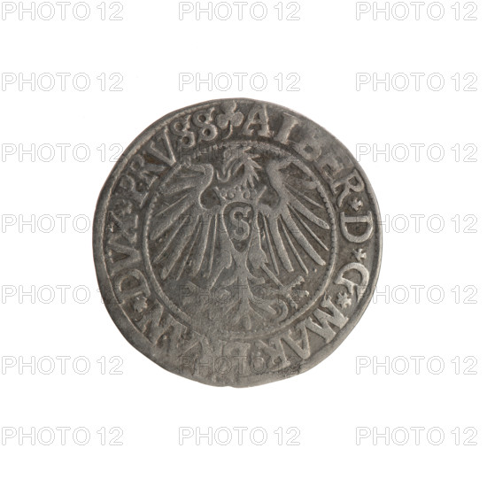 grosz, Schilling, Maciej, R0 (rarity), eagles, Hohenzollern (coat of arms), hoard from the village of Wsola (numism.), trefoils, Albrecht Hohenzollern (Prince of Prussia; 1490–1568) - iconography, male busts in armor. Obverse: Prussian eagle, on its chest the crowned letter S; in the rim between pearl-shaped borders an inscription beginning with a trefoil ALBER*D*G*MAR*, N*DVX*PRVSS. Reverse: male bust in armor in profile to the right; short hair, long beard with sideburns, dividing the inner border; in the rim between pearl-shaped borders an inscription beginning with the Hohenzollern shield *IVSTVS*, DE*VIVIT*I54I*. 1541, Königsberg, Ducal Prussia (1525–1701). Coin: diameter 23.6 mm, weight 1.95 g, axis 0°.