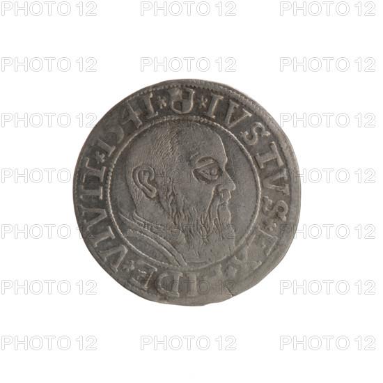 grosz, Schilling, Maciej, R0 (rarity), eagles, Hohenzollern (coat of arms), hoard from the village of Wsola (numism.), trefoils, Albrecht Hohenzollern (Prince of Prussia; 1490–1568) - iconography, male busts in armor. Obverse: Prussian eagle, on his chest the crowned letter S; in the rim, between pearl-shaped borders, an inscription beginning with a trefoil ALBER*D*G*MAR*, N*DVX*PRVSS. Reverse: male bust in armor in profile turned to the right; short hair, long beard with sideburns, dividing the inner border; in the rim, between pearl-shaped borders, an inscription beginning with the Hohenzollern shield *IVSTVS*, DE*VIVIT*I54I*. 1541, Königsberg, Ducal Prussia (1525–1701). Coin: diameter 23.6 mm, weight 1.95 g, axis 0 degrees.