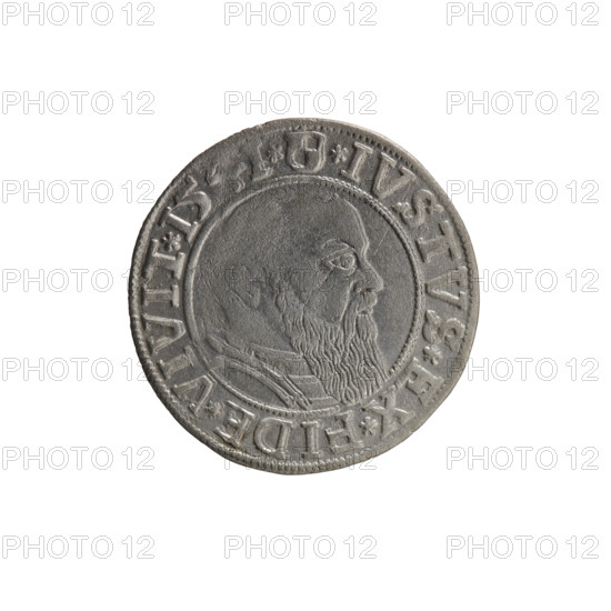 Albrecht Hohenzollern (Prince of Prussia; 1490–1568) — coin (1541, Königsberg, Ducal Prussia). Obverse: Prussian eagle, on its chest the crowned letter S; in the rim between pearl-shaped borders an inscription beginning with a trefoil: ALBER*D*G*MAR*BRAN*DVX*PRVSS. Reverse: male bust in armor in profile turned to the right; short hair, long beard with sideburns; in the rim between pearl-shaped borders an inscription beginning with the Hohenzollern shield: *IVSTVS*EX*FIDE*VIVIT*I54I*. Grosz; Schilling; Maciej; R0 (rarity). Coin, diameter 24.1 mm, weight 1.83 g, axis 90°.