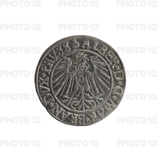 grosz, Schilling, Maciej, R3 (rarity), eagles, Albrecht Hohenzollern (Prince of Prussia; 1490-1568) - iconography, Hohenzollern (coat of arms), male busts in armour. Obv. Prussian eagle, on its chest the crowned letter S. On the rim, between the pearl-shaped borders, an inscription beginning with a trefoil ALBER*D*G*MAR*BRAN*DVX*PRVSS. Reverse. Male bust in armour in profile turned to the right; short hair, beard with sideburns. On the rim, between the pearl-shaped borders, an inscription beginning with the Hohenzollern shield *IVSTVS*EX*FIDE*VIVIT* I54I*. 1541, Königsberg, Ducal Prussia (1525-1701). Coin: diameter 23.4 mm, weight 2.01 g, axis 280 degrees.