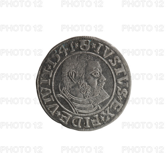 grosz, Schilling, Maciej, R3 (rarity), eagles, Albrecht Hohenzollern (Prince of Prussia; 1490-1568) - iconography, Hohenzollern (coat of arms), male busts in armour. Obv. Prussian eagle, on its chest the crowned letter S. On the rim, between the pearl-shaped borders, an inscription beginning with a trefoil ALBER*D*G*MAR*BRAN*DVX*PRVSS. Reverse. Male bust in armour in profile turned to the right; short hair, beard with sideburns. On the rim, between the pearl-shaped borders, an inscription beginning with the Hohenzollern shield *IVSTVS*EX*FIDE*VIVIT*I54I*, 1541, Königsberg, Ducal Prussia (1525-1701), coin: diameter 23.4 mm, weight 2.01 g, axis 280 degrees