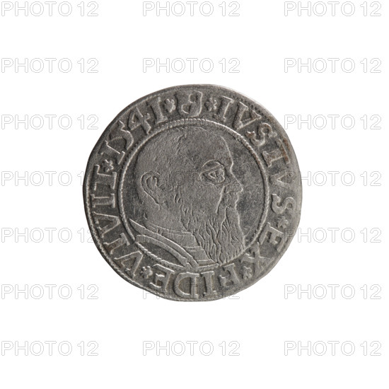 grosz, Schilling, Maciej, R0 (rarity), Albrecht Hohenzollern (Prince of Prussia; 1490–1568) - iconography, eagles, Hohenzollern (coat of arms), male busts in armor. Obv. Prussian eagle, on its chest the crowned letter S. In the rim, between the pearl-shaped borders, an inscription beginning with a trefoil ALBER*D*, MAR*BRAN*DVX*PRVSS. Rev. Male bust in armor in profile turned to the right; short hair, long beard with sideburns, dividing the inner border. In the rim, between the pearl-shaped borders, an inscription beginning with the Hohenzollern shield *IVSTVS*EX*FIDE*VIVIT* I54I*. 1541, Königsberg, Ducal Prussia (1525–1701). Coin: diameter 23.4 mm, weight 1.91 g, axis 80 degrees.