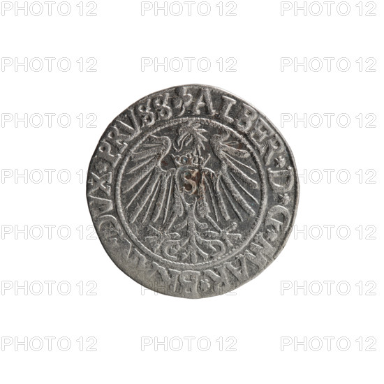 grosz; Schilling, Maciej; eagles; Albrecht Hohenzollern (Prince of Prussia; 1490–1568) — iconography; Hohenzollern (coat of arms); male busts in armor. Obverse: Prussian eagle, on its chest the crowned letter S. In the rim between pearl-shaped borders, an inscription beginning with a trefoil ALBER*D*G*MAR*BRAN*DVX*PRVSS. Reverse: male bust in armor in profile turned to the right; short hair, long beard with sideburns, dividing the inner border. In the rim between pearl-shaped borders, an inscription beginning with the Hohenzollern shield *IVSTVS*EX*FIDE*VIVIT*I54I. 1541. Coin; diameter 23.0 mm; weight 1.98 g; axis 160°.