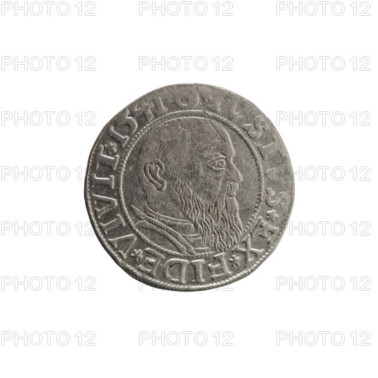 Grosz; Schilling, Maciej; eagles; Albrecht Hohenzollern (Prince of Prussia; 1490–1568) — iconography; Hohenzollern coat of arms; male busts in armor. Obverse: Prussian eagle, on his chest the crowned letter S; in the rim between pearl-shaped borders an inscription beginning with a trefoil ALBER*D*G*MAR*BRAN*DVX*PRVSS. Reverse: male bust in armor in profile turned to the right; short hair, long beard with sideburns, dividing the inner border; in the rim between pearl-shaped borders an inscription beginning with the Hohenzollern shield *IVSTVS*EX*FIDE*VIVIT*I54I. 1541, Königsberg, Ducal Prussia (1525–1701). Coin: diameter 23.0 mm; weight 1.98 g; axis 160°.